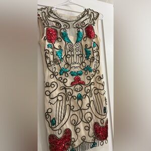 Karen Millen Ivory Mini Dress with Teal & Red Sequin Accents size 6
